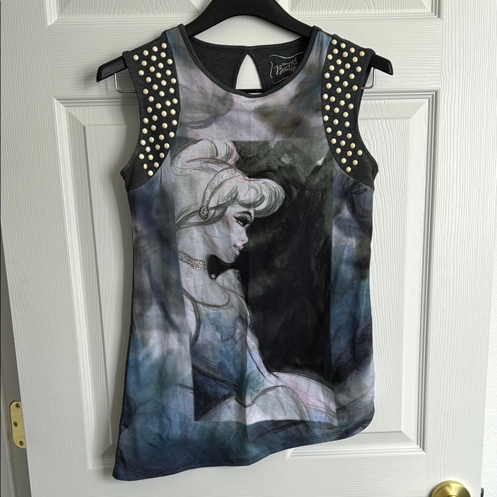 NWOT Limited Cinderella Rhinestone Watercolor Pearl Studded Sleeveless Tee